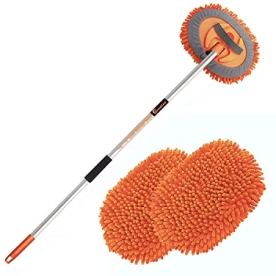 Afbeelding van GreatCool 160 cm 62 inch autowasborstel kit met lang handvat, 2 in 1 oranje chenille microvezel wasstraat dweil reinigingshandschoen voor vrachtwagen SUV auto&#039;s RV caravans en huishoudelijke schoon,