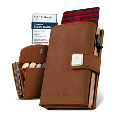 Afbeelding van SF SCOFIELD Trinity Slim Wallet met muntenvak, premium creditcardhouder voor heren, 10 12 kaarten, RFID bescherming, portefeuille mannen, Smart Wallet, Vintage Brown Caramel Brown,