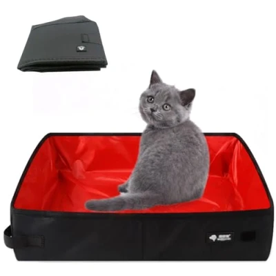 Afbeelding van Opvouwbare kattenbak voor op reis, opvouwbaar, draagbaar, 50 x 40 cm, XL, waterdicht, draagbaar en gemakkelijk te reinigen, kitten, auto, thuis, camping, buiten, rood