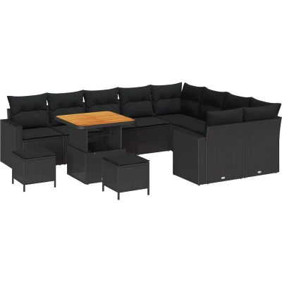 Afbeelding van vidaXL 12 delige Tuin Sofa Set met Kussens Zwart Poly Rattan Acacia, 3 Eetset Acacia