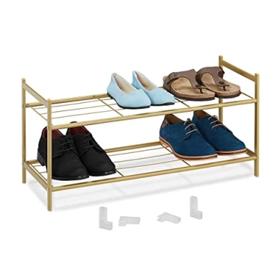 Afbeelding van Relaxdays schoenenrek, metaal, 2 etages, stapelbaar, uitbreidbaar, HBD: 33,5 x 70 26 cm, voor 6 paar schoenen, goud