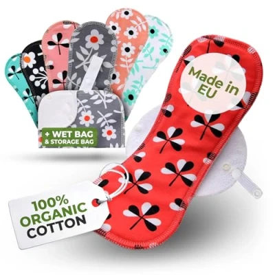 Afbeelding van Herbruikbare Maandverbanden, 7 stuks Kaoten Wasbare stoffen pads met vleugels, doek Dameshygiëne Inlegkruisje GEMAAKT IN DE EU; Ecologisch, Gezond en Hygiënische Periode Servetten voor menstruatie, overvloedige stromen, postpartum; EXTRA Natte Zak