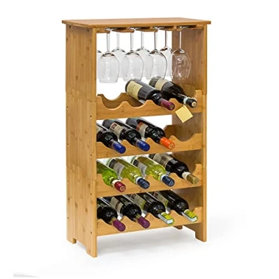 Afbeelding van Relaxdays Wijnrek 84 x 50 24 cm Bamboe Stapelbaar 16 flessen + 12 glazen