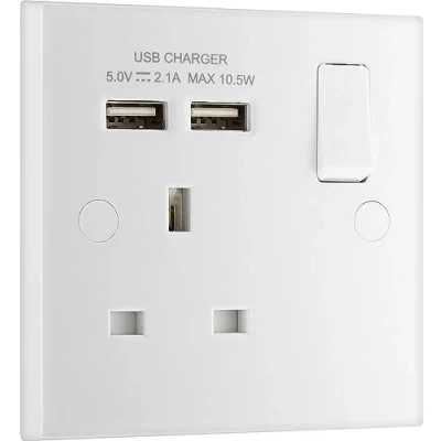 Afbeelding van BG Electrical 921U2 Single Switched 13 A Fast Charging Power Socket met twee USB oplaadpoorten, 2,1 A, 5 V, 10,5 W, vierkante rand, wit