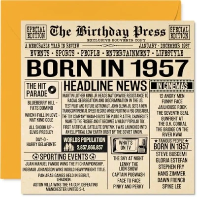 Afbeelding van 67e verjaardagskaarten voor mannen vrouwen geboren in 1957 krant Happy 67 verjaardagskaart opa oma Nan Vintage Retro terug 1957, 145 mm x zevenenzestig