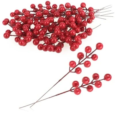 Afbeelding van COM FOUR® 25x decoratieve takken kleine met bessen als tafeldecoratie knutselaccessoires voor doe het zelf werk (25 stuks enkele rode bessen)