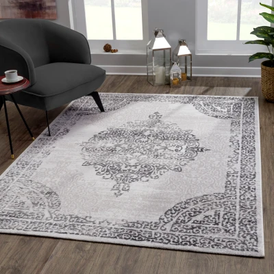 Afbeelding van Evra Vintage Vloerkleed Klassiek Design Laagpolig Tapijt Grijs 80x150 cm Rechthoek Polyester Tapijtenloods