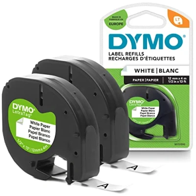 Afbeelding van DYMO Originele LetraTag papieren labeltape zwart op wit 12 mm x 4 m zelfklevende tape voor labelprinter 2 labelcartridges