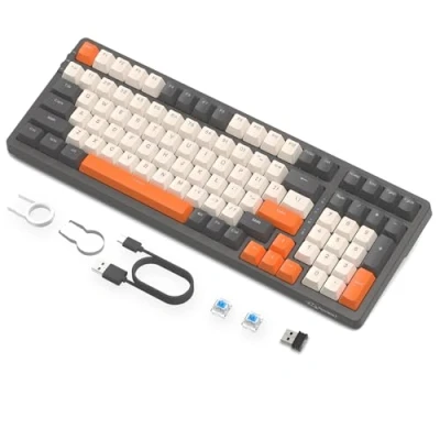 Afbeelding van Draadloos Hotswap Mechanisch Gaming Toetsenbord, Bedraad RGB Toetsenbord met Achtergrondverlichting, Blauwe Schakelaar, Bluetooth/2,4 Ghz/USB C 4001 mAh Batterij voor Mac/Win Grijs/Oranje