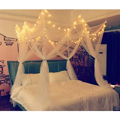 Afbeelding van 8 Hoek Bed Luifel met 100 LED String Lights Batterij Werkt Netting Unieke Stijl 4 Deur Vierkante Jongens en Meisjes Slaapkamer Decor Halloween Voor Twin Volledige Queen King