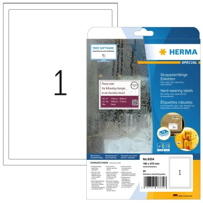 Afbeelding van HERMA 8334 weerbest folielabels A4 (190 x 275 mm, 25 velles, polyesterfolie, mat) zelfklevend, bedrukbaar, extreme sterk klevende en duurzame etiketten, etiketten voor printer, wit