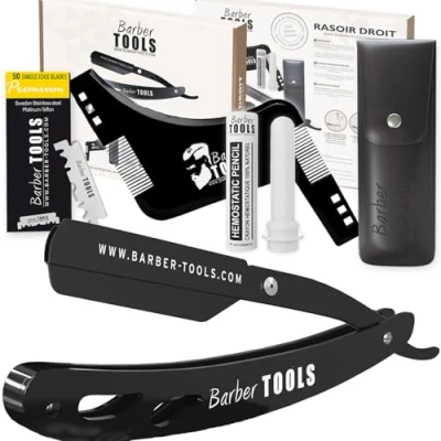 Afbeelding van Scheerset voor mannen scheermes mannen/open met 50 Enkele Mesjes + Doek Aluin Stick Opbergetui Kamgeleider scheren ZWART BARBER TOOLS