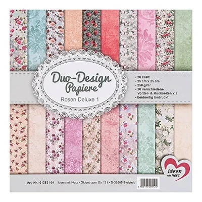 Afbeelding van Ideen mit Herz Duo designpapier, blok met 20 vellen knutselpapier, 25 x cm, 250 g/m², aan beide zijden bedrukt, motiefpapier, ideaal voor scrapbooking, knutselen, rozen deluxe 01
