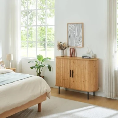 Afbeelding van [en.casa] Commode Tvedestrand dressoir met 2 schuifdeuren multifunctionele kast 100x40x80 cm bamboe naturel en zwart