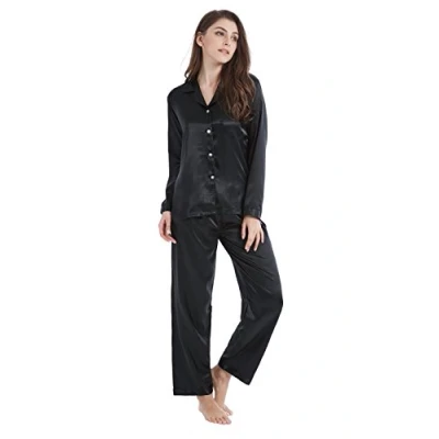Afbeelding van Tony &amp; Candice damespyjama, lang, satijn, lange pyjamaset, nachtkleding, zwart, XL