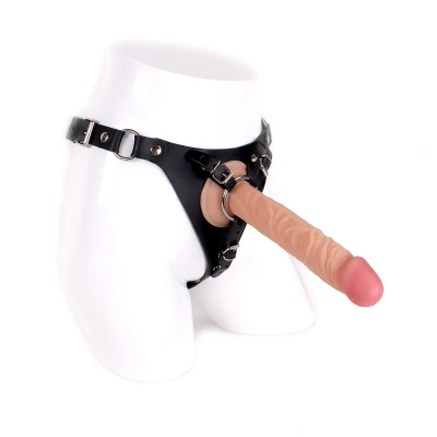 Afbeelding van Leren Strap On Met Huidkleurige Dildo 23 cm