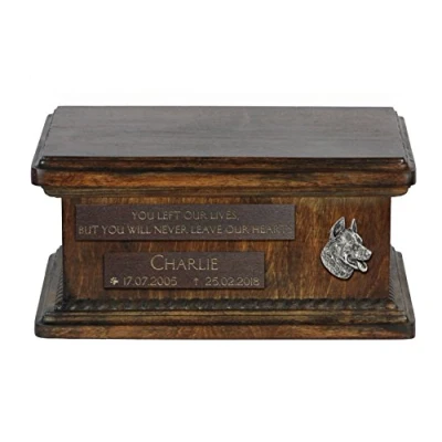 Afbeelding van Art Dog Custom Low Memorial Urn Handgemaakt koud gegoten bronzen portret op berkenbasis Gepersonaliseerde hondencrematiedoos 8,3x11,4x4,3 Duitse herder