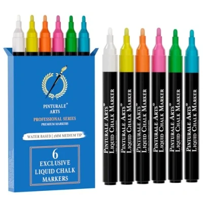 Afbeelding van Pinturale Arts® Vloeibare krijtstiften, set met 6 kleuren, uitwisbare glasmarkers, punt 2 mm, voor ramen, borden, gemakkelijk droog afwisbaar