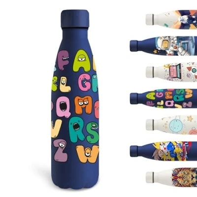 Afbeelding van Grsta Thermosfles, 500 ml, gepersonaliseerde drinkfles met letters, metalen fles, lekvrij, BPA vrij, vacuüm geïsoleerd, voor school, kantoor, camping, marineblauw