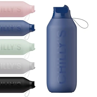Afbeelding van Chilly&#039;s Series 2 Flip fles met sport deksel, telescopisch rietje en nylon draaglus Gemakkelijke inclusief reinigingsborstel 500ml Whale Blue