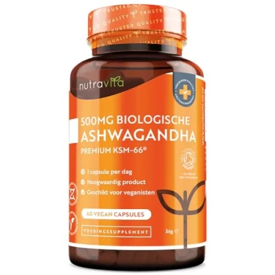 Afbeelding van Biologische Ashwagandha capsules KSM 66® met Indische Ginseng (gebruikt in Ayurveda) en Full Spectrum wortelpoeder hoge sterkte Vegan rustgevende tabletten 5% Withanolides Nutravita