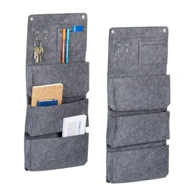 Afbeelding van Relaxdays hangende opberger, set van 2, 4 vakken, 2 haken, HxB: 65 x 30 cm, vilten wandorganizer, badkamer, hal, grijs