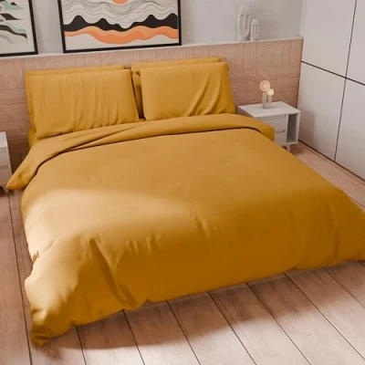 Afbeelding van PETTI Artigiani Italiani dekbedovertrek voor eenpersoonsbed, en kussenslopen van microvezel, effen, okergeel, 100% Made in Italy