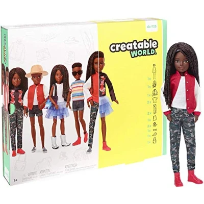 Afbeelding van Creatable World Luxe poppenset DC 725 Aanpasbare pop met zwart gevlochten haar, 6 kledingstukken, 3 paar schoenen en 2 accessoires, creatief speelgoed voor alle kinderen van jaar ouder