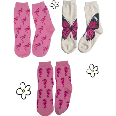 Afbeelding van Nature Planet kindersokken set van 3 roze sokken flamingo vlinder zeepaardje (100% Oeko tex gecertificeerd) maat 23 28