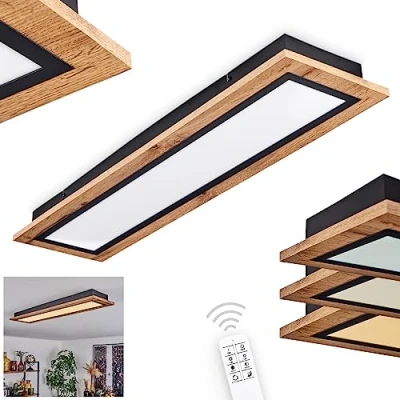 Afbeelding van LED plafondlamp Salmi, dimbare van metaal/MDF/kunststof in zwart/houtlook/wit, (80 cm x 20 cm), dimbaar, 3600 lumen, 3000 K, 36 Watt