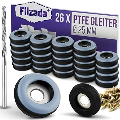 Afbeelding van Filzada® 26x Teflon glijders om te schroeven Ø 25 mm (rond) meubelglijders/tapijtglijders PTFE (Teflon) incl.