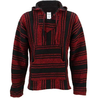 Afbeelding van Siesta Mexicaanse Baja Jerga Rood en zwart Hippie top met capuchon, Zwart, XL