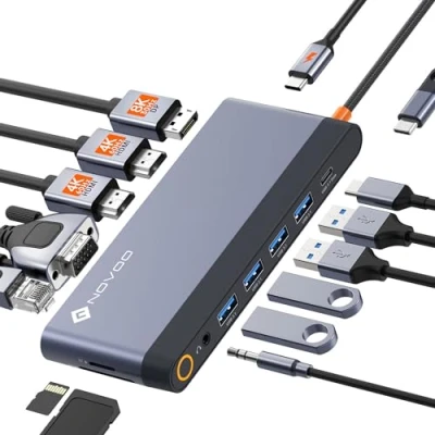 Afbeelding van NOVOO docking station Dual Monitor, USB C Hub HDMI 4K 60Hz, Displayport, VGA, Gigabit Ethernet, PD 100W, x5, SD/TF en 3,5 mm audio, voor MacBook HP Lenovo Dell