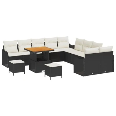 Afbeelding van vidaXL 13 delige Tuin Sofa Set met Kussens Zwart Poly Rattan Acacia, 2 Zits Rattan, 3 delig Eetset Acacia