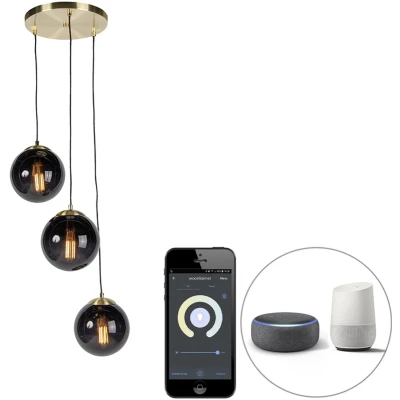 Afbeelding van QAZQA Smart hanglamp messing met zwarte glas 3 lichts incl. Wifi ST64