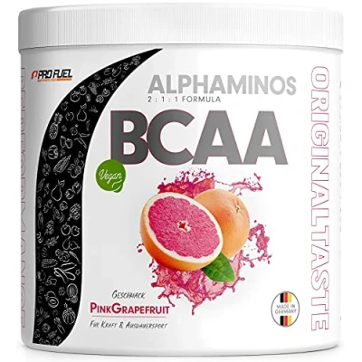 Afbeelding van BCAA poeder 300 g roze grapefruit alphaminos 2:1:1 drank met 8000 mg ongelooflijk lekkere smaak, essentiële aminozuren (EAA) leucine, isoleucine en valine 100% veganistisch