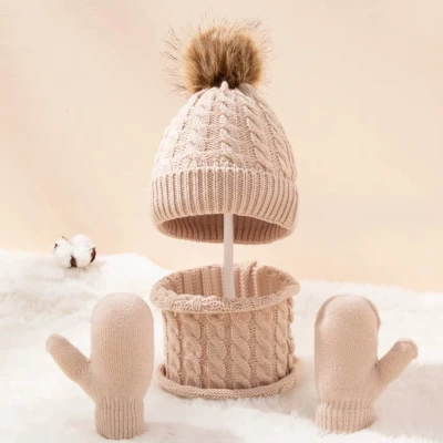 Afbeelding van Woolhand® Muts &amp; Sjaal Handschoenen Set 1 tot 6 jaar Beanie Jongens En Meisjes Voor Kinderen Winter Beige