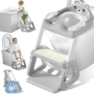 Afbeelding van Vautvis Kindertoiletbril Met Trap, Zindelijkheidstraining Toiletbril Trainer, Voor Kinderen, Toiletladder In Hoogte Verstelbaar En Opvouwbaar, Antislip Spatbescherming