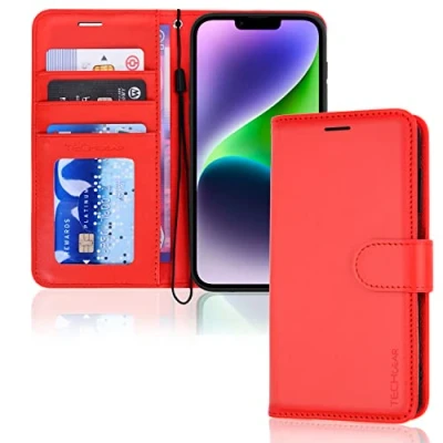 Afbeelding van TECHGEAR iPhone 14 lederen portemonneehoesje, flip beschermhoes met portemonnee kaarthouder, standaard en polsband rood PU leer magnetische sluiting voor 6,1 inch