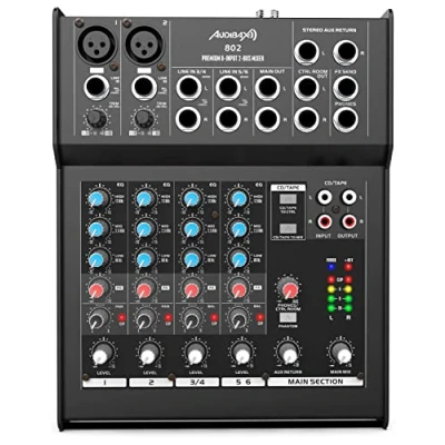 Afbeelding van Audibax 802 Geluidsmengpaneel, 6 kanalen, audio mixer, 2 microfoonvoorversterkers, stereo jackingingangen, 3 bands equalizer, 48 V Phantom Power