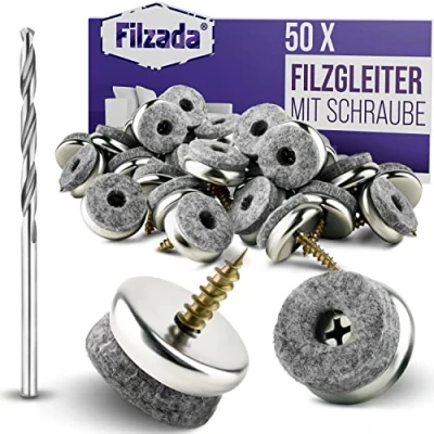 Afbeelding van Filzada® 50x Viltglijders schroeven Ø 22 mm Stoelglijders/Stoelpootbeschermers Vilt met Schroef, Meubelglijders voor hardhouten Vloeren incl. Boor