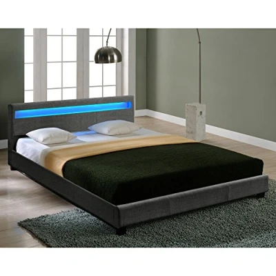 Afbeelding van Houten tweepersoonsbed stof met LED verlichting en bedbodem 180x200 cm donkergrijs