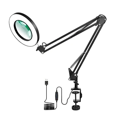 Afbeelding van NEWACALOX vergrootglas bureaulamp, 5 dioptrie 4.3 ″ Tafellamp van echt glas met 3 kleurmodi 10 helderheidsniveaus, LED leeslamp voor oogbescherming