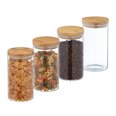 Afbeelding van Relaxdays voorraadpot bamboe deksel 1000 ml set van 4 opbergpot bewaarpot muesli