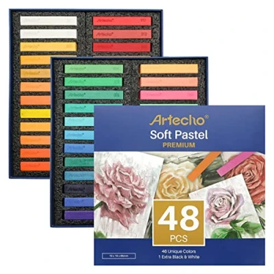 Afbeelding van Artecho 48 stuks zachte pastelkleuren, 46 kleuren, waaronder 4 fluorescerende extra gratis zwart wit, vierkant krijt om te tekenen, blenden, gelaagdheid, schaduw, pastelkleuren