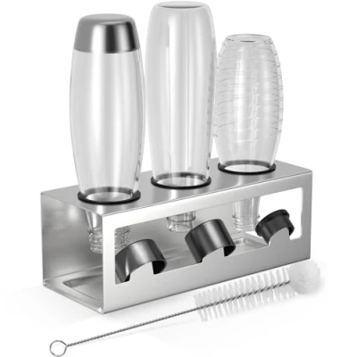 Afbeelding van HOMMAND Flessenhouder voor Sodastream Flessen, Flashhouder Crystal en Emil 3 Flessen Afdruiprek, Houder Inclusief Siliconen Beschermringen, Lekbak Dekselhouder, Zilver