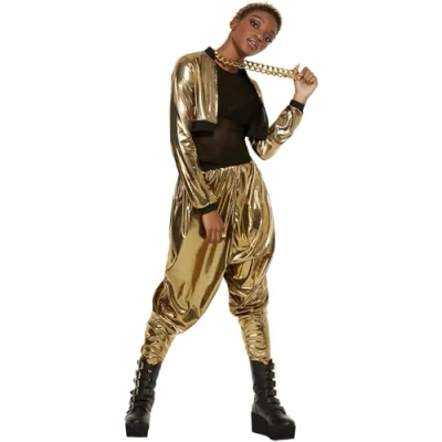 Afbeelding van Smiffy&#039;s MC Hammer Kostuum 80s Time Golden Rapper Vrouw Zwart, Goud Large Carnavalskleding Verkleedkleding