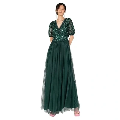Afbeelding van Maya Deluxe Maxi jurk voor dames, V hals, korte mouwen, pailletten, versierd met tule ruches bruiloft, gast, bruidsmeisje, baljurk, Emerald Groen, 40