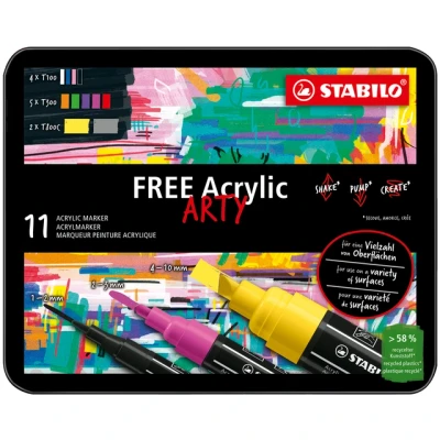 Afbeelding van Acryl Marker STABILO FREE Start Set 11 Markers 3 Verschillende Tip Sizes