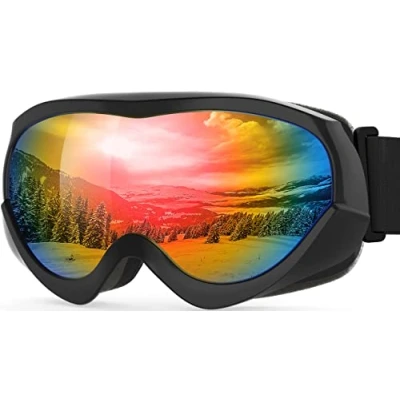Afbeelding van OutdoorMaster Skibril voor kinderen, compatibel met helm jongens en meisjes, 100% UV bescherming (zwart frame + VLT 14% grijze lens REVO kleurrijk)